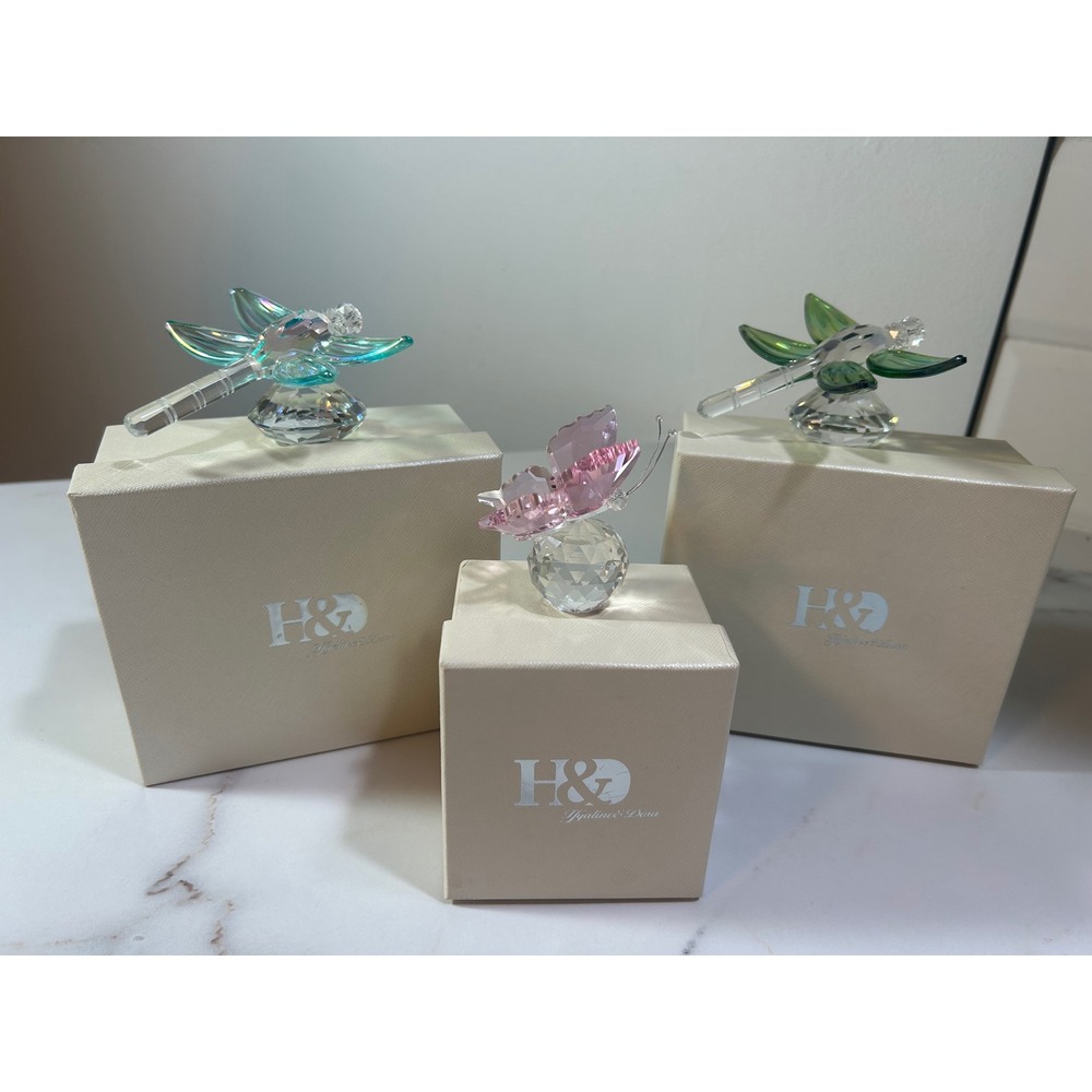 H&D Hyaline & Dora Crystal Figurines Set‎ Dragonfly Butterfly Iridescent 3pc Box